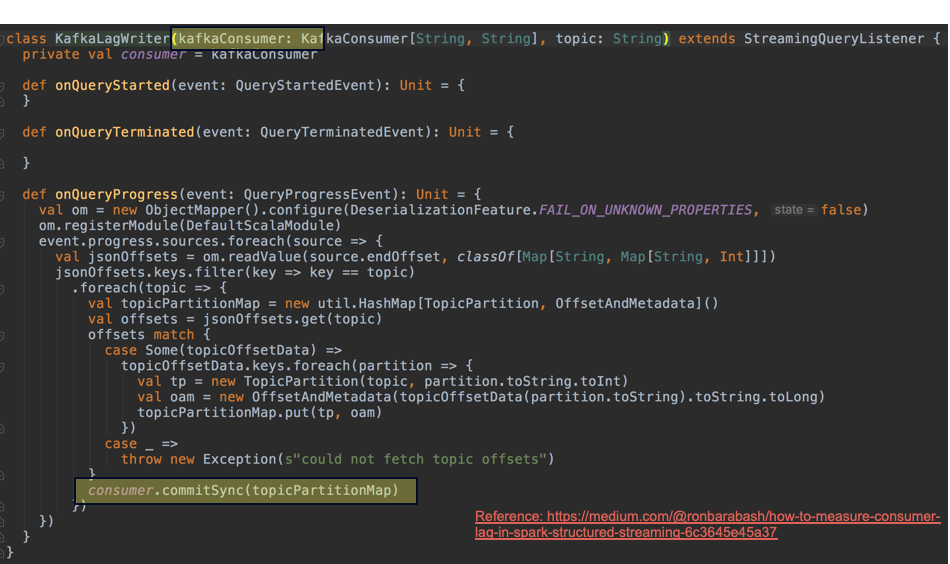 Figure 4: Custom SparkQueryListener to keep track of Kafka topic lag in a Dummy ConsumerGroup