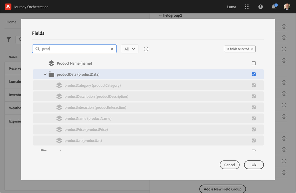 Figure 9: View of a Data Source details with Adobe Experience Platform’s ExperienceEvent’s field selection.