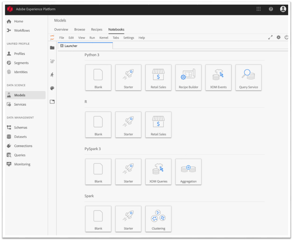 Figure 3: Jupyter Notebooks launcher within Adobe Experience Platform Data Science Workspace.