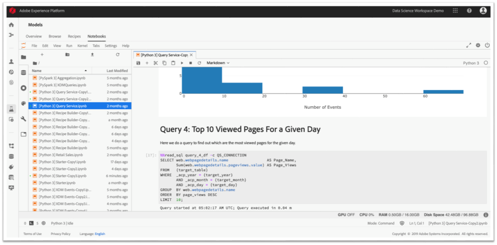 Figure 6: Users can take advantage of pre-built Query Service Notebook templates to slice, dice and visualize their XDM data using the SQL query compute of Query Service and the open ecosystem of all Jupyter libraries.