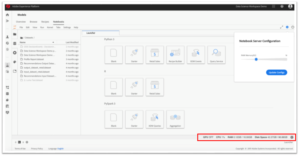 Figure 7: Adobe’s resource usage plug-in for Jupyter Notebooks in Adobe Experience Platform Data Science Workspace.