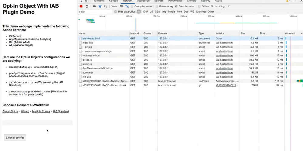 Figure 5: Console showing webpage assets and Adobe Analytics server call before opt-in