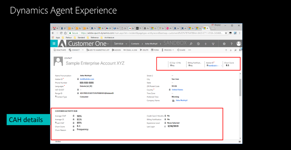 Figure 3: Example of how data are consolidated (shown in the red boxes) into the user interface for Dynamics Agent Experience for working with individual accounts in the Customer Activity Hub.