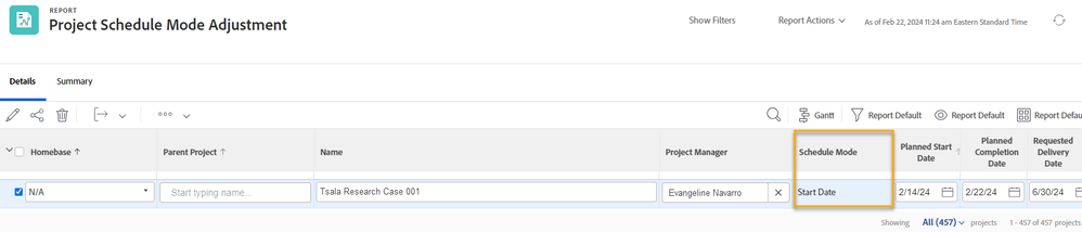 Schedule Mode setting in Project report