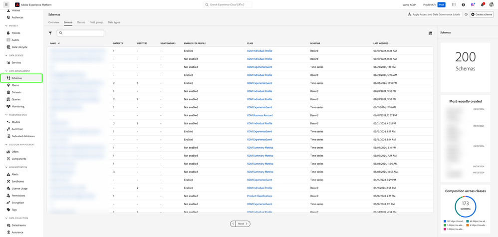 Figure 2: AEP Data Management Schemas Browse UI