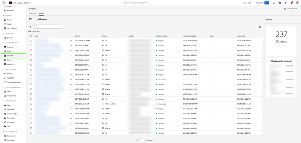 Figure 3: AEP Data Management Datasets Browse UI