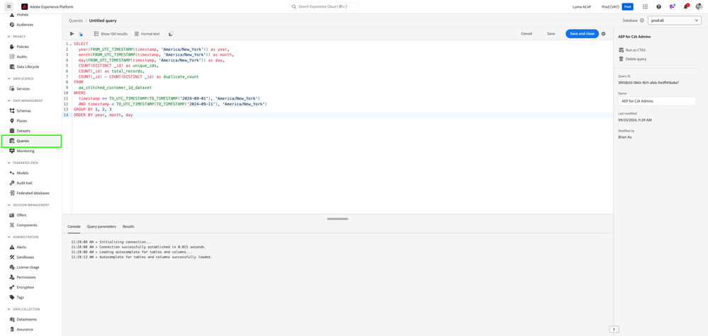 Figure 5: AEP Data Management Query Service Editor UI